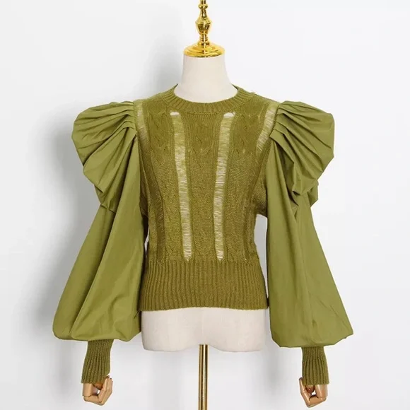 New Bishop Puff Sleeves Distress Crew neck Black color Pull on Sweater - Picture 3 of 12